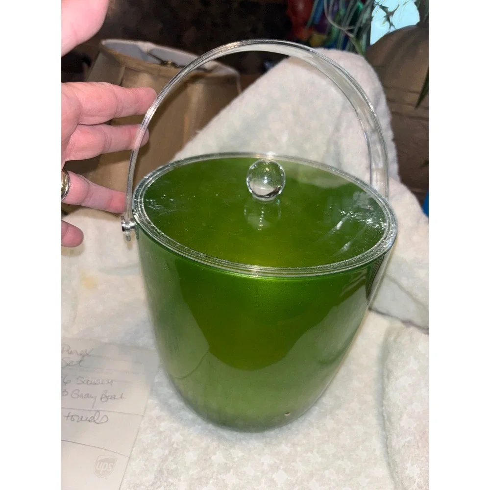 Retro Green Metallic Ice Bucket Acrylic Lid Clear Handle Crystal Knob